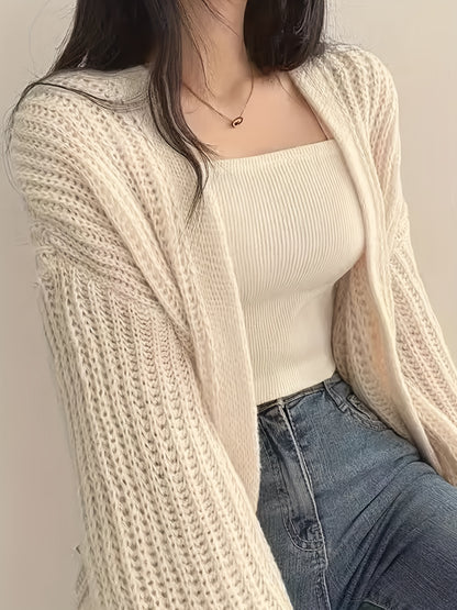 Sixsr Solid Open Front Knit Cardigan, Casual Long Sleeve Loose Slouchy Sweater, Women's Clothing