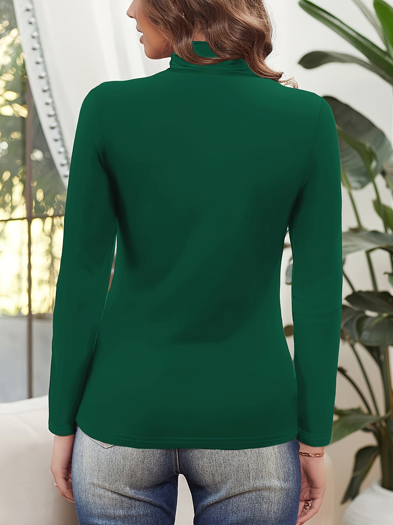 Sixsr Solid Ruched Mock Neck T-Shirt, Elegant Long Sleeve Top For Spring & Fall, Women's Clothing