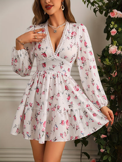 Floral Print V Neck Dress, Elegant Long Sleeve Dress For Spring & Fall, Women's Clothing