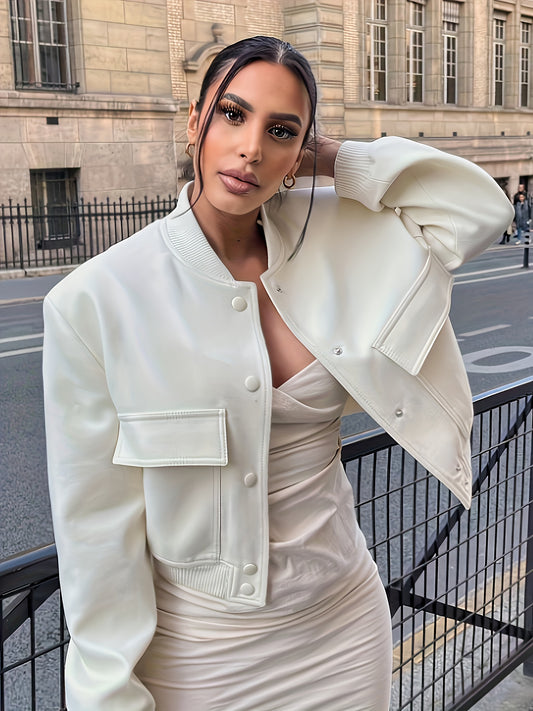 Sixsr Solid Button Down Bomber Jacket, Casual Long Sleeve Drop Shoulder Outwear, Women's Clothing