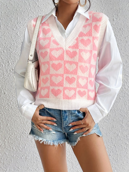 Sixsr Heart Pattern V Neck Knitted Vest, Y2K Sleeveless Vest For Spring & Fall, Women's Clothing