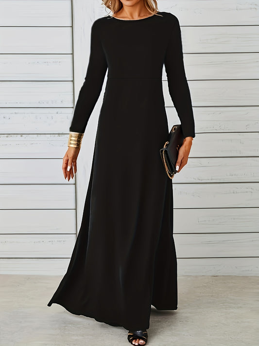 Sixsr Simple Maxi Dress, Casual Crew Neck Long Sleeve Solid Dress, Women's Clothing