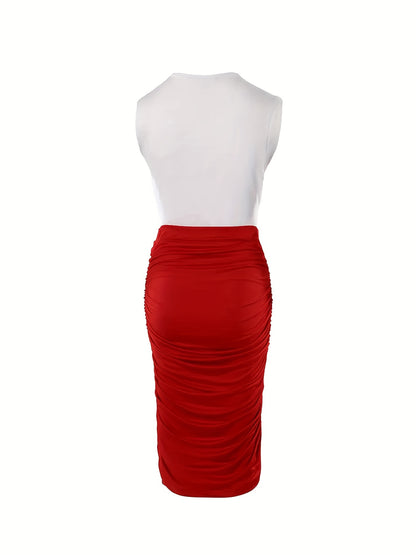 Sixsr Graphic Pattern Bodycon Sleeveless Dress, Faux Twinset Crew Neck Ruched Dress For Spring & Summer, Women's Clothing