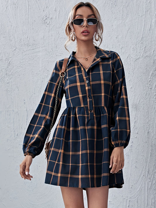 Sixsr Plaid Print Shirt Dress, Elegant Button Long Lantern Sleeve Dress For Spring & Fall, Women's Clothing