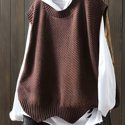 Sixsr Solid Crew Neck Knitted Vest, Casual Sleeveless Loose Sweater, Women's Clothing