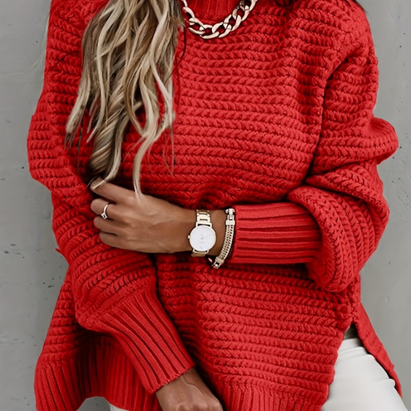 Sixsr Solid Mock Neck Chunky Knit Sweater, Casual Long Sleeve Split Pullover Sweater For Fall & Winter, Women's Clothing