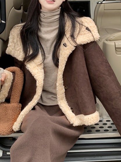 Sixsr Fuzzy Trim Stand Collar Coat, Casual Button Front Long Sleeve Warm Outerwear, Women's Clothing