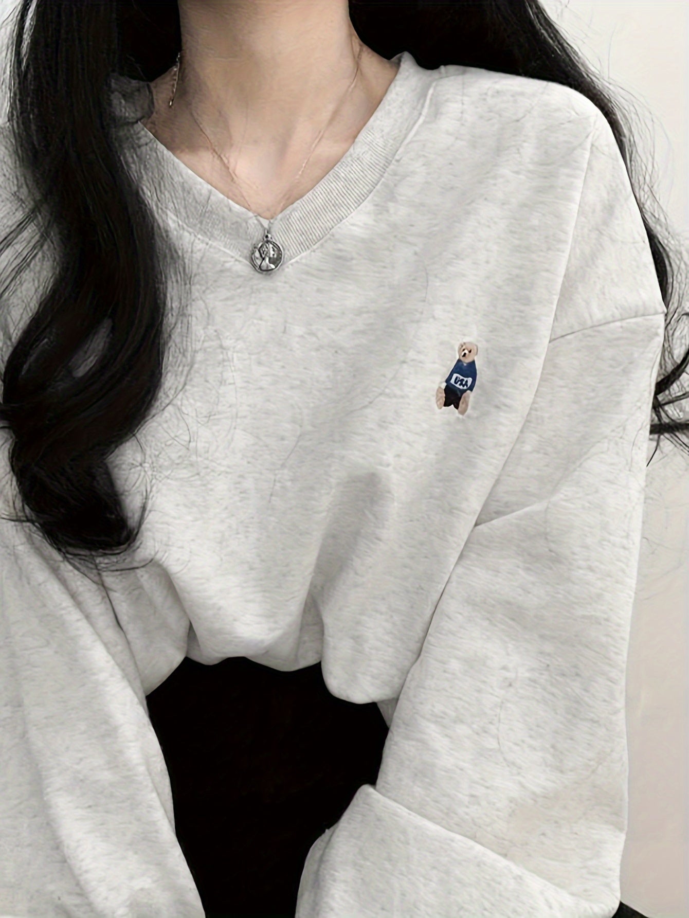 Sixsr Bear Pattern Embroidered Sweatshirt, Casual Long Sleeve V Neck Sweatshirt For Fall & Winter, Women's Clothing