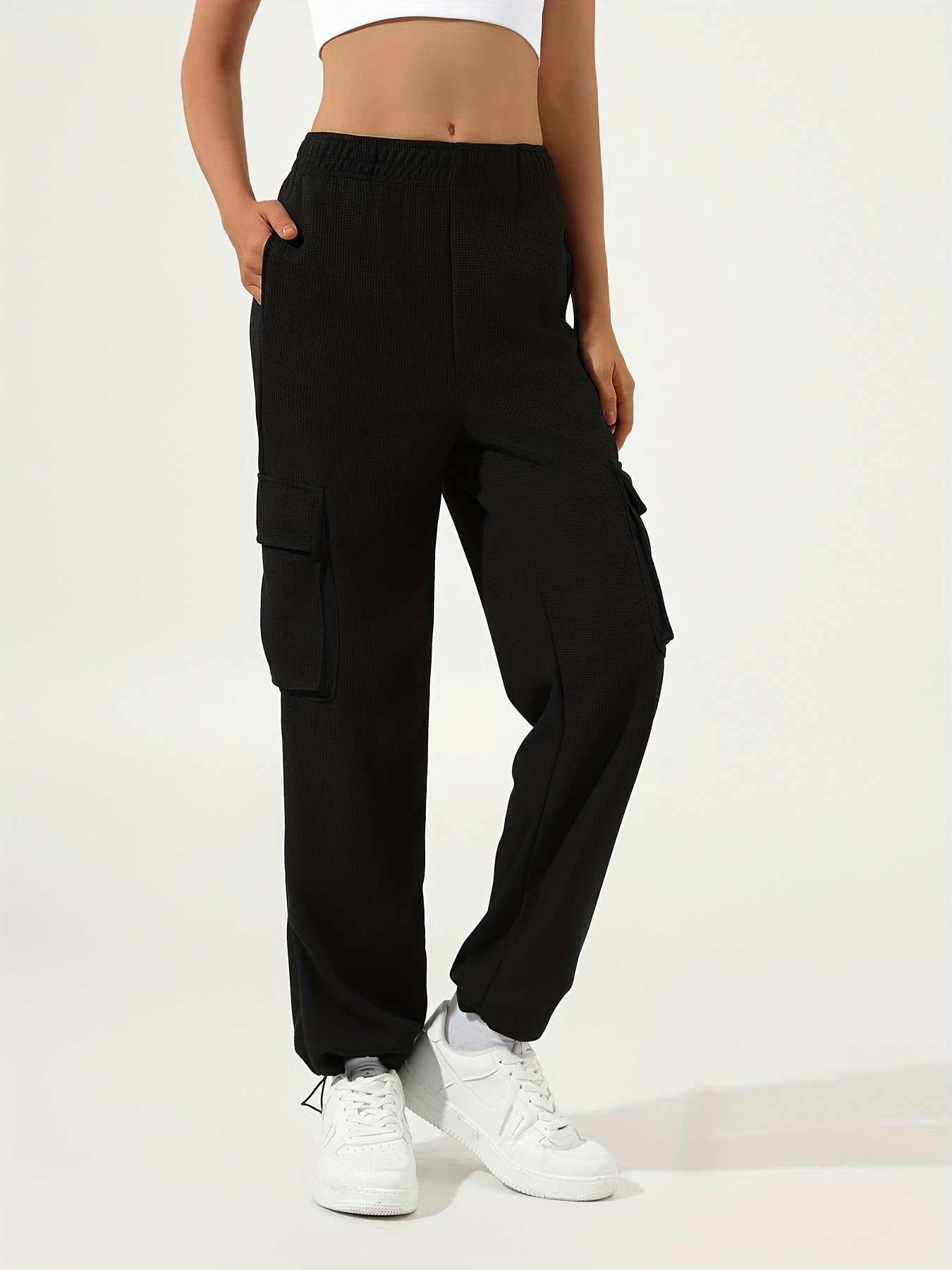 Sixsr Waffle Casual Sports Elastic Waist Sweatpants, Multi-pocket High Waist Solid Color Joggers Pants, Women's Athleisure
