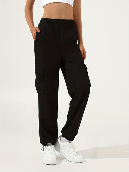 Sixsr Waffle Casual Sports Elastic Waist Sweatpants, Multi-pocket High Waist Solid Color Joggers Pants, Women's Athleisure