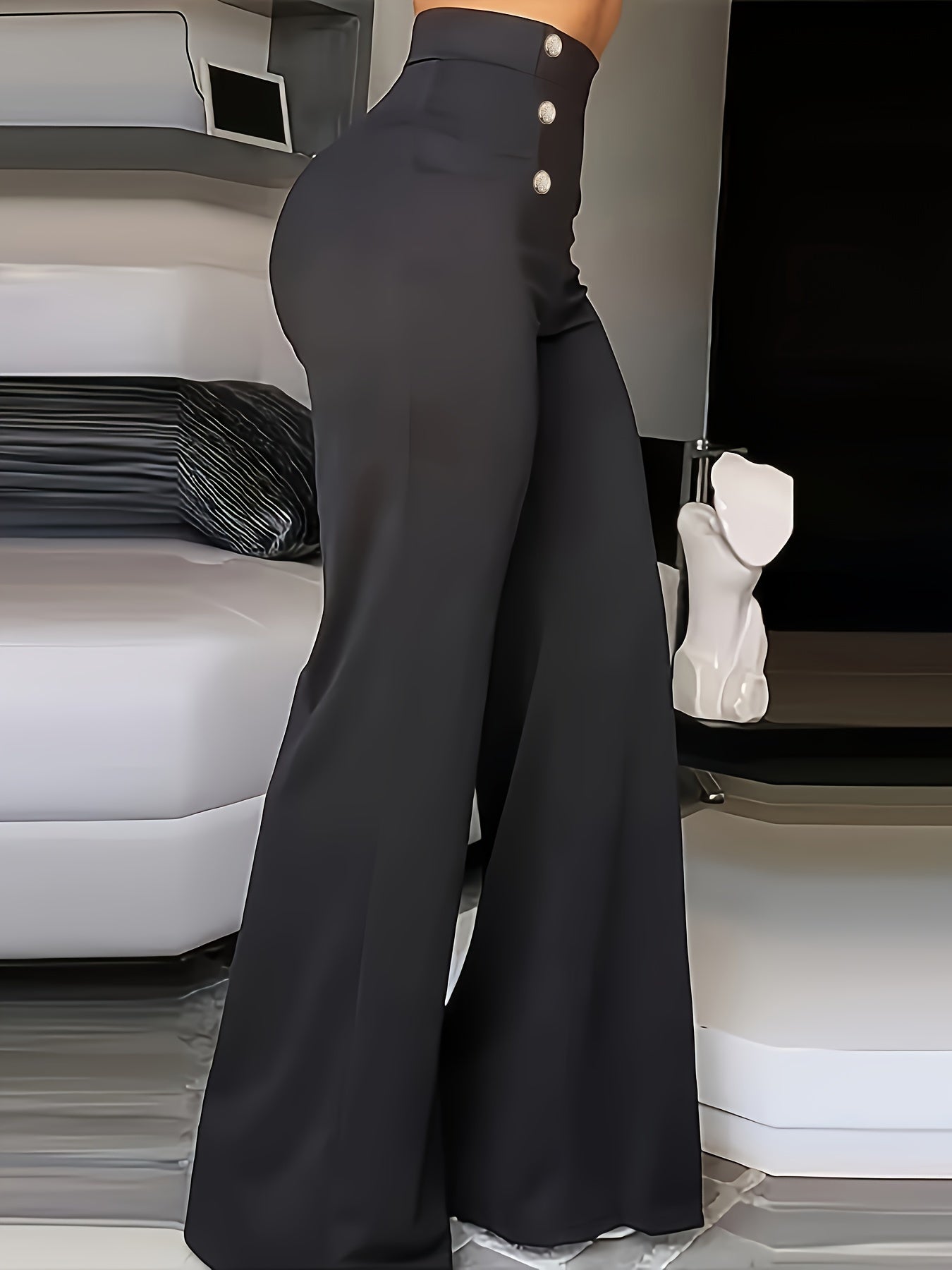 Sixsr Solid Wide Leg Pants, Casual High Waist Buttons Long Length Pants, Women's Clothing