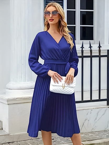 Sixsr Surplice Neck Pleated Dress, Elegant Long Sleeve Dress For Spring & Fall, Women's Clothing