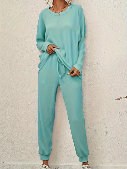 Sixsr Plus Size Casual Outfits Set, Women's Plus Solid Long Sleeve Round Neck Top & Elastic Drawstring Joggers Outfits 2 Piece Set