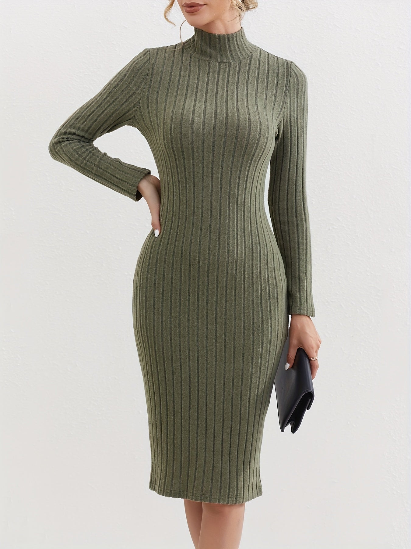 Sixsr Ribbed High Neck Dress, Elegant Solid Long Sleeve Bodycon Dress, Women's Clothing