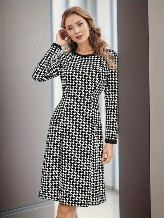 Sixsr Houndstooth Pattern Contrast Trim Dress, Elegant Long Sleeve Crew Neck Dress, Women's Clothing