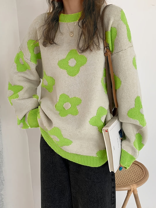 Sixsr Floral Pattern Crew Neck Pullover Sweater, Casual Long Sleeve Drop Shoulder Sweater, Women's Clothing