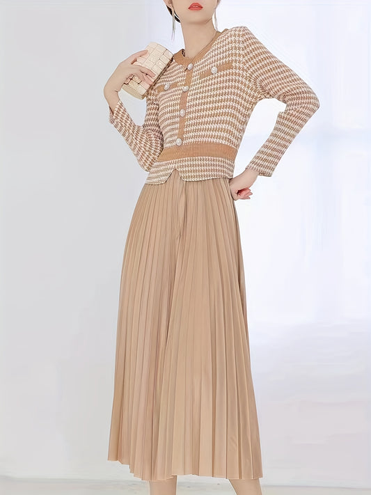 Sixsr Houndstooth Print Pleated Dress, Elegant Crew Neck Short Sleeve Dress, Women's Clothing