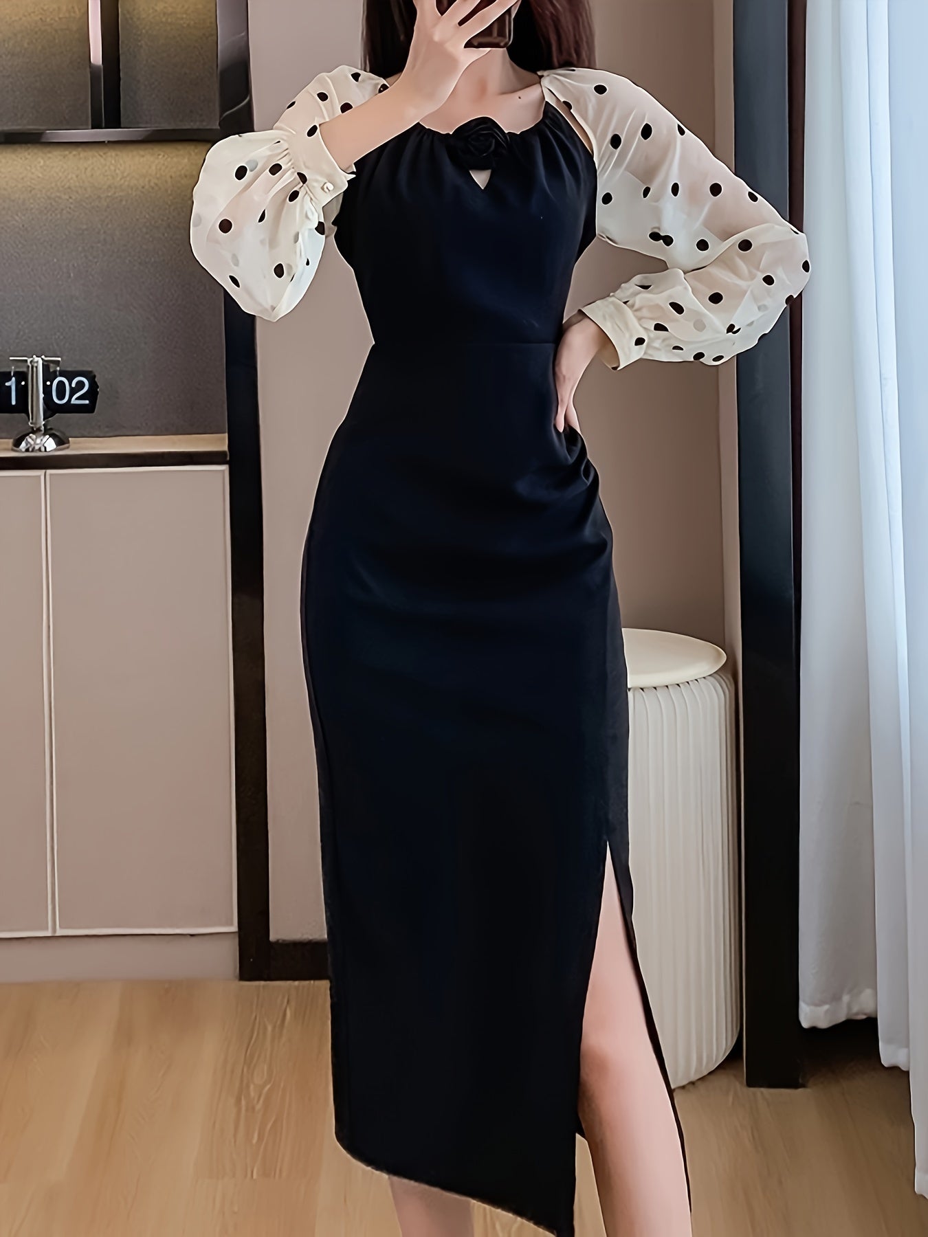 Sixsr  Colorblock Contrast Dot Pattern Split Dress, Casual Long Sleeve Bodycon Dress, Women's Clothing