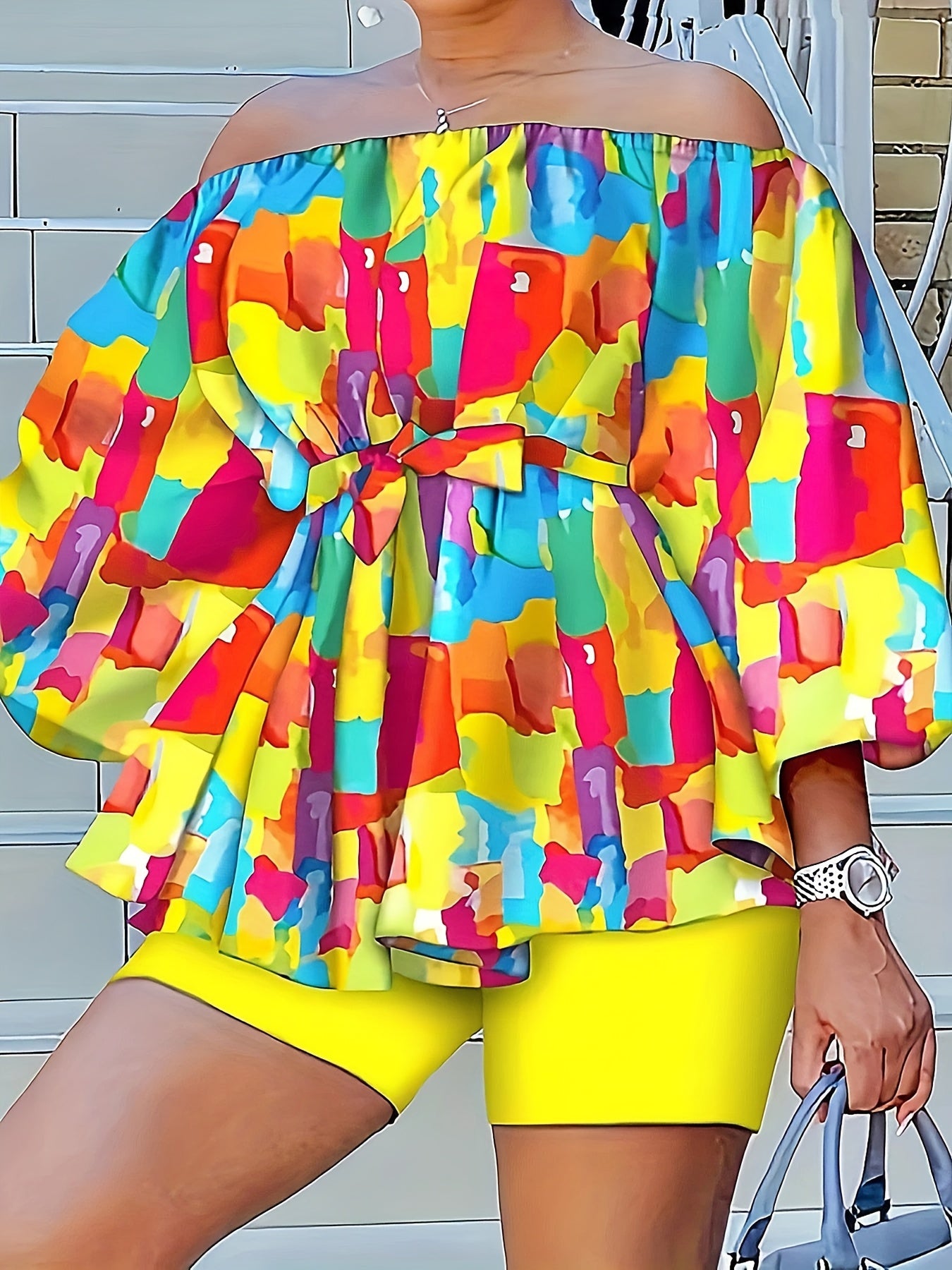 two-piece Color Block Off Shoulder Top & Shorts Set - Sexy Women's Outfit for Any Occasion