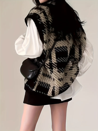 Sixsr Plaid Pattern V Neck Knit Vest, Vintage Long Sleeve Loose Sweater Vest, Women's Clothing