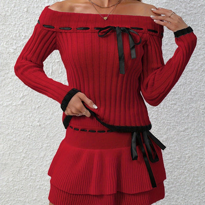 Sixsr  Y2K Ribbed Two-piece Skirt Set, Long Sleeve Off Shoulder Pullovers & Bow Front Skirt Outfits, Women's Clothing