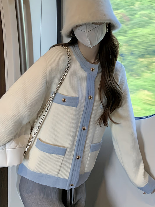 Sixsr Color Block Button Front Cardigan, Casual Long Sleeve Outwear, Women's Clothing