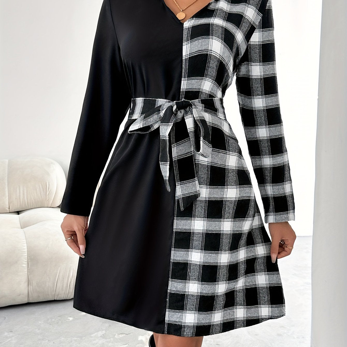 Sixsr Plaid Color Block Belted Dress, Elegant Long Sleeve Dress For Spring & Fall, Women's Clothing