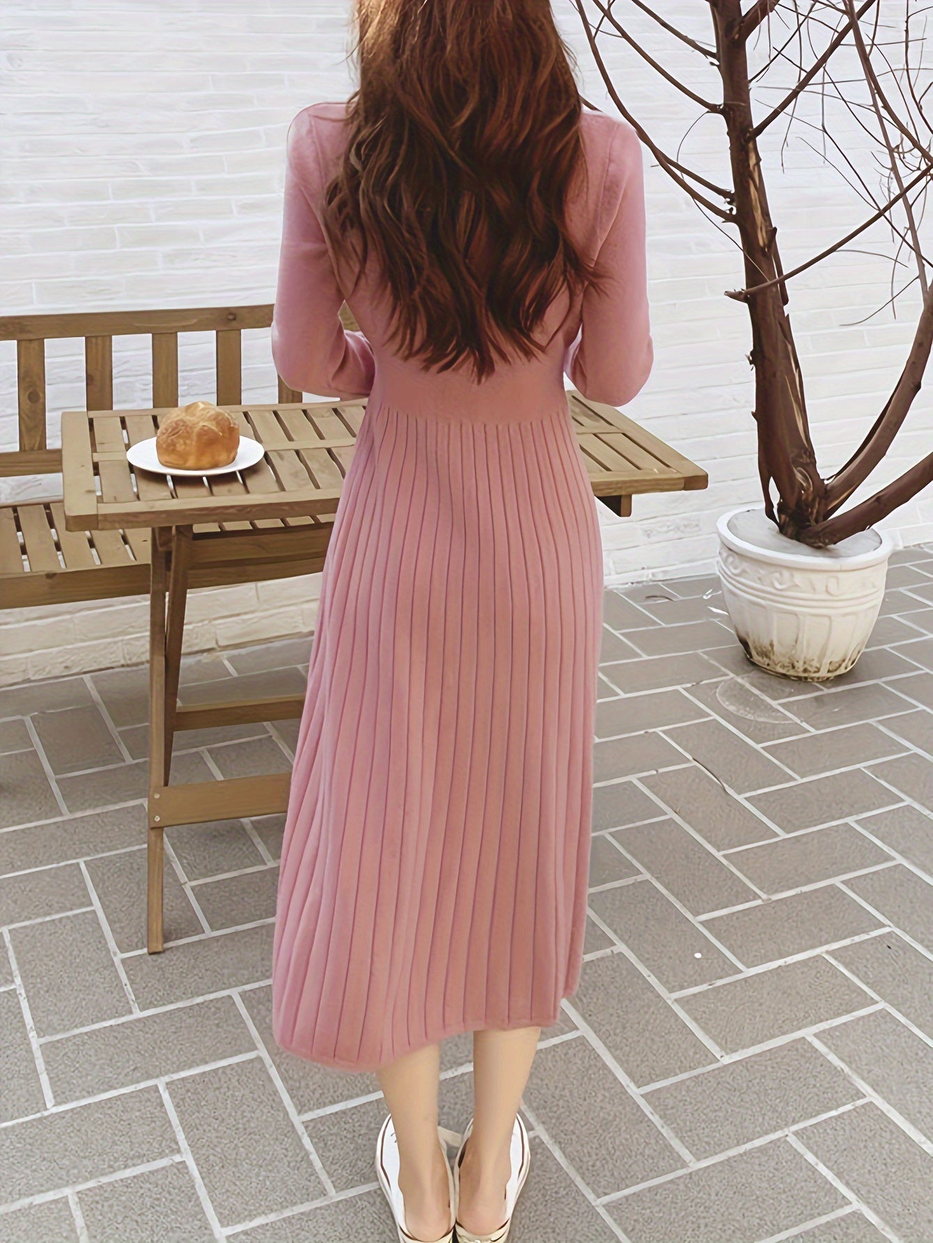 Sixsr Button Front V Neck Dress, Chic Solid Color Long Sleeve Pleat Dress, Women's Clothing