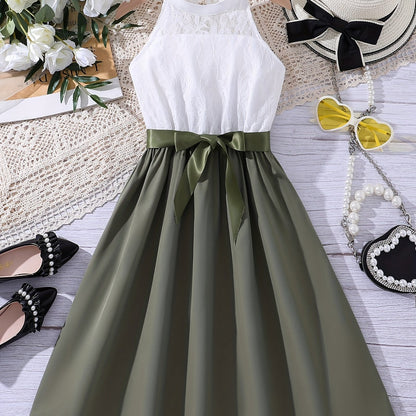 Elegant Girls Splicing Halter Neck Sleeveless Dress With Bow Belt Summer Party Gift