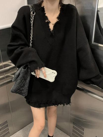 Sixsr Solid V Neck Pullover Sweater, Casual Ripped Long Sleeve Oversized Sweater, Women's Clothing