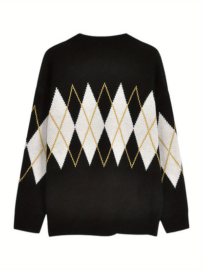 Sixsr Argyle Pattern Knit Sweater, Casual Long Sleeve Pullover Sweater, Women's Clothing