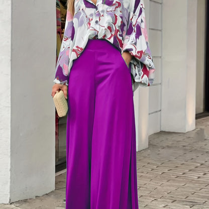 Batwing Sleeve Tie Dye Blouse & High Waist Solid Pantsuits