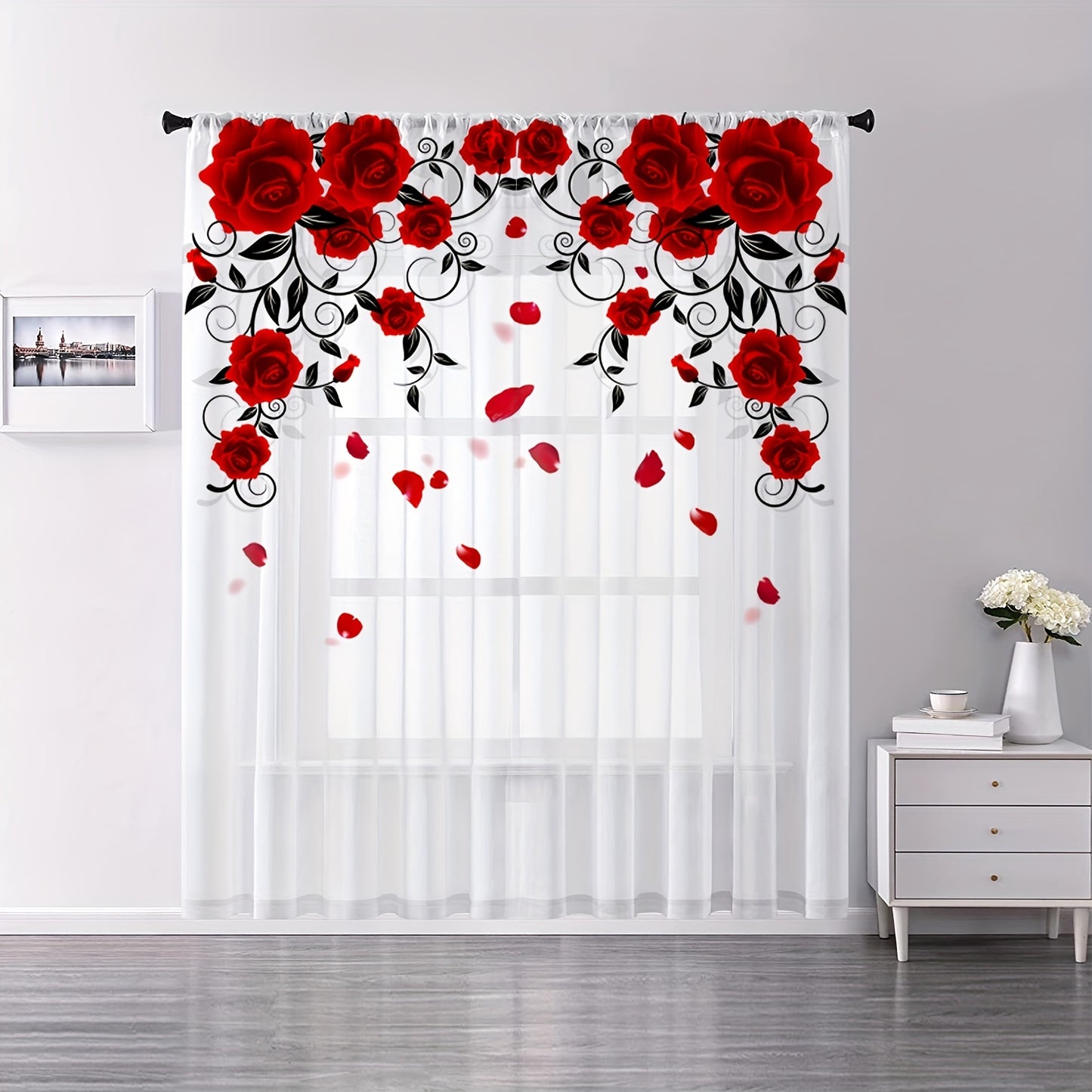 1pc Red Rose Printing Curtain, Rod Pocket Window Treatment For Bedroom Office Kitchen Living Room Study Home Decor, Room Decoration Aesthetic Curtain