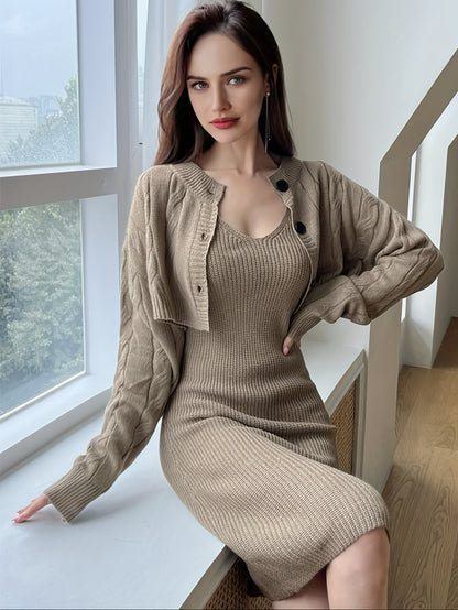 Women's Elegant Two-piece Set - Cropped Cable Knit Cardigan & Sleeveless Knee Length Dress Outfit for a Stylish and Comfortable Look