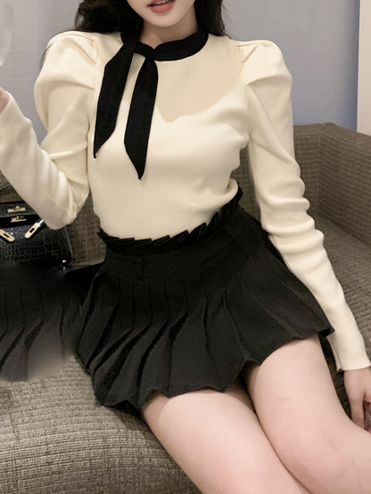 Sixsr Contrast Trim Crew Neck Knit Sweater, Casual Long Sleeve Ruched Sweater, Women's Clothing