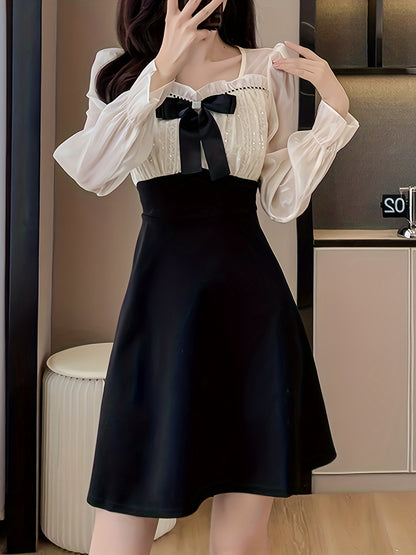 Sixsr Color Block Bow Tie Dress, Elegant Ruffle Trim Long Sleeve Dress, Women's Clothing