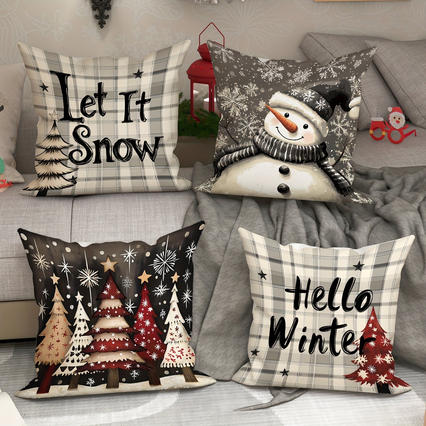 4-Pack 18x18 Velvet Christmas Pillow Covers - Soft, Plush, and Durable Zippered Throw Pillowcases with Snowman & Tree Plaid Design - Perfect for Winter Farmhouse Decor, Living Room Couch, and Machine Washable Polyester Fabric - Inserts Not Included