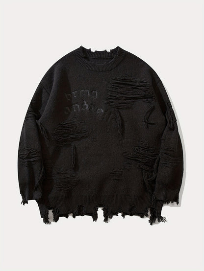 Sixsr Men's Stylish Letters Pattern Ripped Knitted Pullover, Casual Breathable Long Sleeve Crew Neck Top For City Walk Street Hanging Outdoor Activities