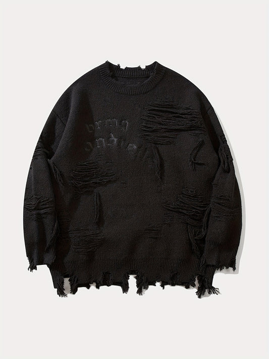 Sixsr Men's Stylish Letters Pattern Ripped Knitted Pullover, Casual Breathable Long Sleeve Crew Neck Top For City Walk Street Hanging Outdoor Activities