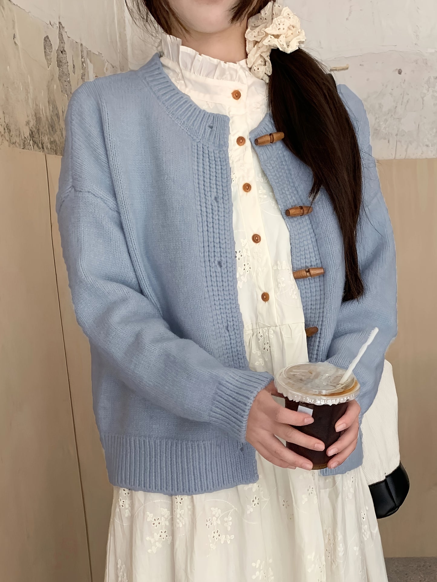 Sixsr Solid Button Front Cardigan, Casual Long Sleeve Drop Shoulder Outwear, Women's Clothing