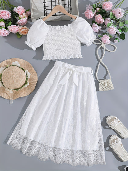 Girls Puff Sleeve Shirred Top & Bow Belted Lace Skirt 2pcs Cute Elegant Kids Clothes