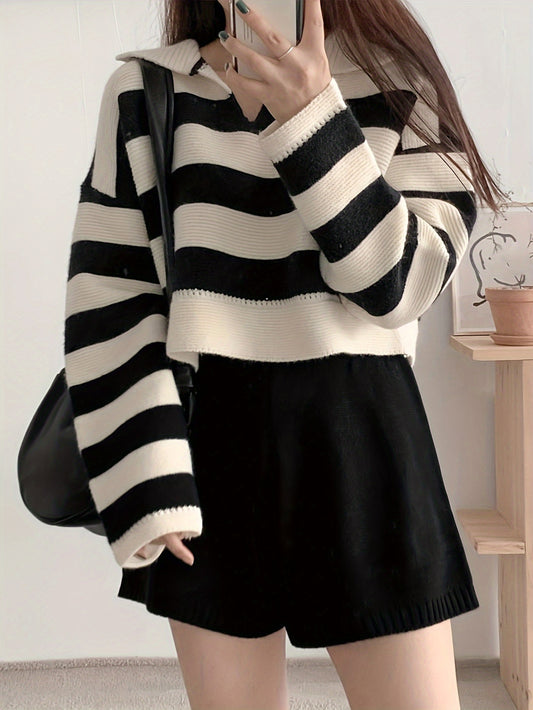 Sixsr Striped Notched Collar Pullover Sweater, Casual Long Sleeve Loose Crop Sweater, Women's Clothing