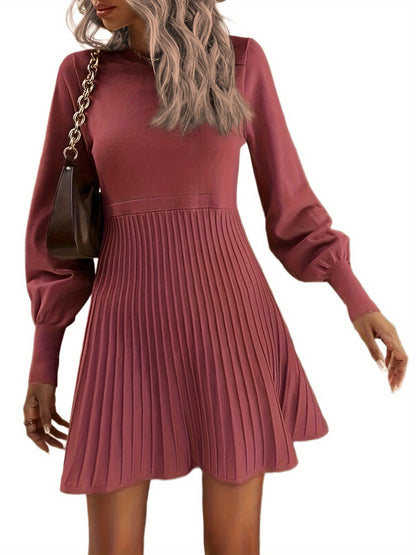 Sixsr Solid Pleated Dress, Elegant Crew Neck Long Sleeve Dress For Spring & Fall, Women's Clothing