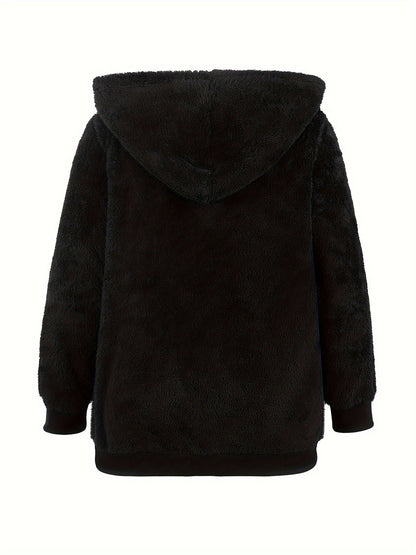 Sixsr Plus Size Casual Coat, Women's Plus Solid Teddy Fleece Long Sleeve Hoodie Drawstring Zipper Medium Stretch Coat With Kangaroo Pockets