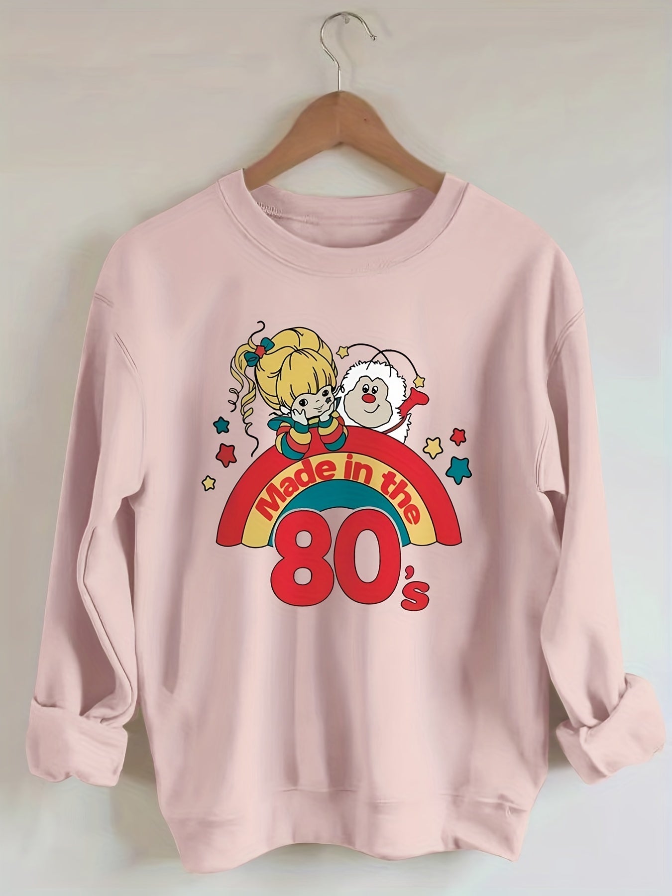 Sixsr Plus Size Casual Sweatshirt, Women's Plus Cartoon Figure & Rainbow & Letter "80s" Print Long Sleeve Round Neck Slight Stretch Sweatshirt