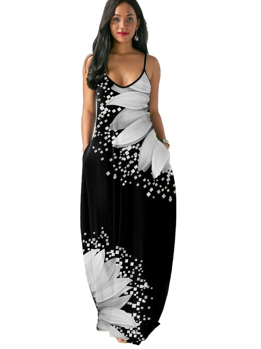 Sixsr Plus Size Casual Dress, Women's Plus Floral Print Cami Maxi Dress With Pockets