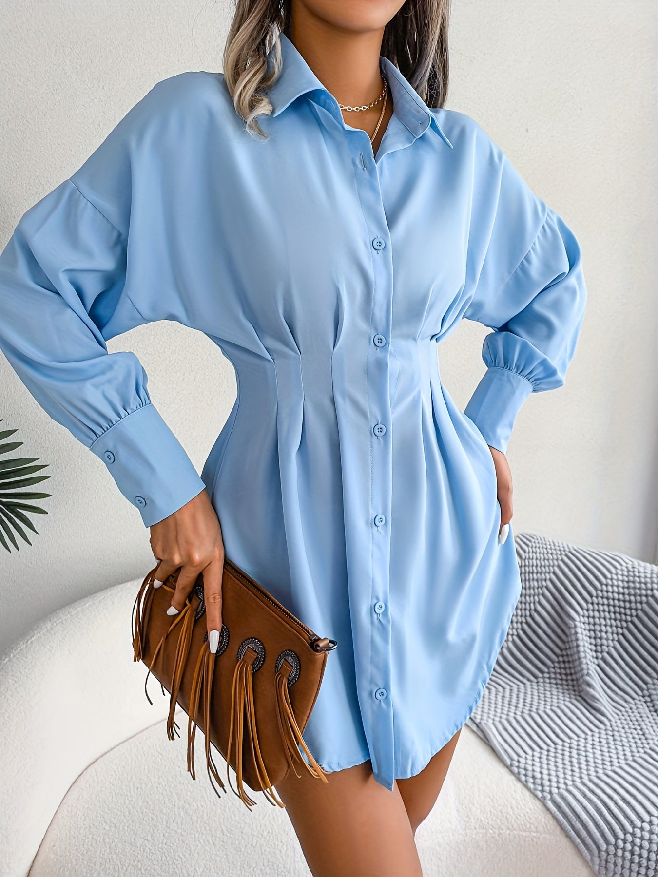 Sixsr Long Sleeve Mini Shirt Dress, Button Up Casual Dress For Fall & Spring, Women's Clothing