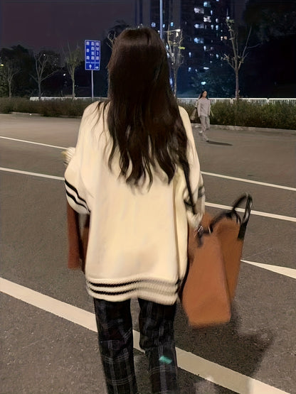 Sixsr Striped Button Down Knit Cardigan, Preppy Long Sleeve Loose Sweater, Women's Clothing