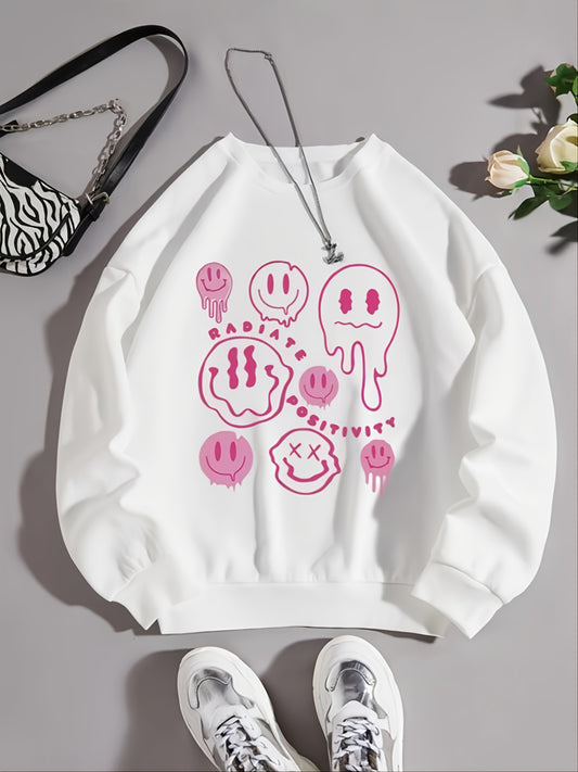 Sixsr Valentine's Day Smile Print Crew Neck Pullover, Casual Fashion Loose Long Sleeve Sweatshirt, Women's Clothing