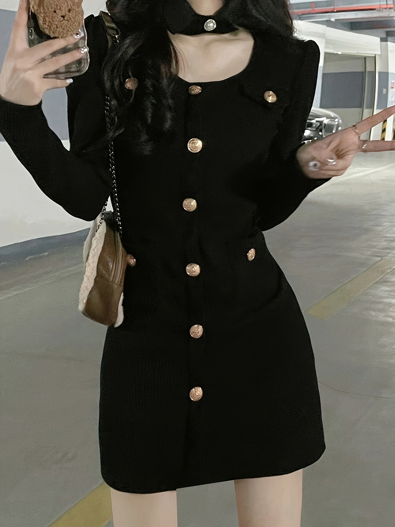 Solid Single Breasted Cut Out Dress, Elegant Long Sleeve Slim Dress For Spring & Fall, Women's Clothing